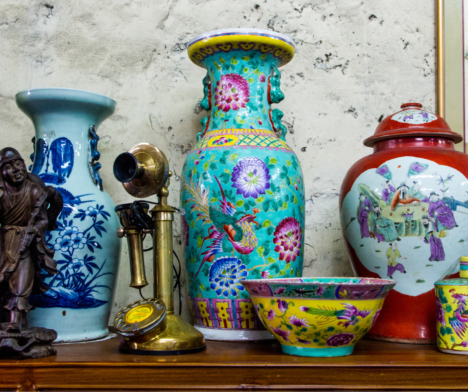 Antique vases and jars in thrift store